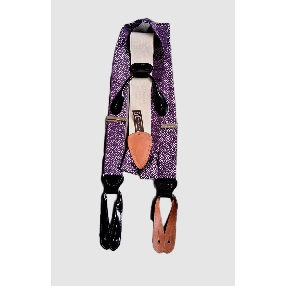 Trafalgar Suspenders Geometric Leather Button On Purple Braces Made in England